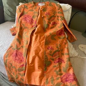 Olivia Myles Women's Pure Silk Orange Floral Coat with matching dress